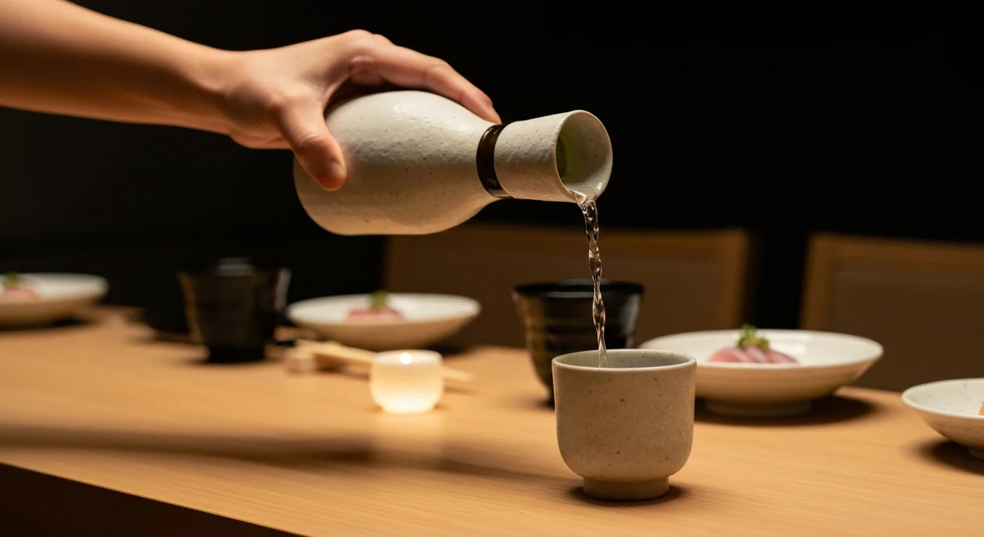 徳利と猪口に注いだ日本酒、木のカウンターに並ぶ小皿